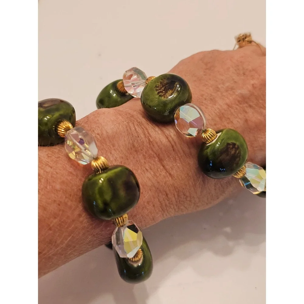 Vintage Green Ceramic & Aurora Borealis Crystal Necklace Bracelet Jewelry Set